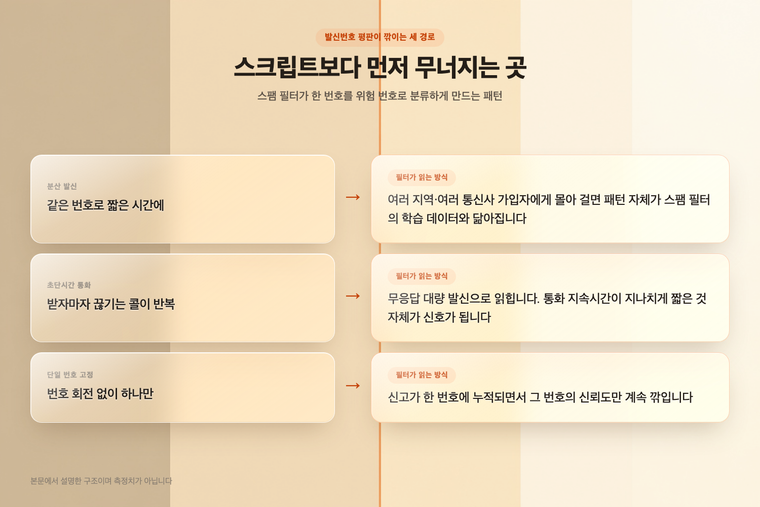발신번호 평판이 깎이는 세 경로 — 분산 발신·초단시간 통화·단일 번호 고정