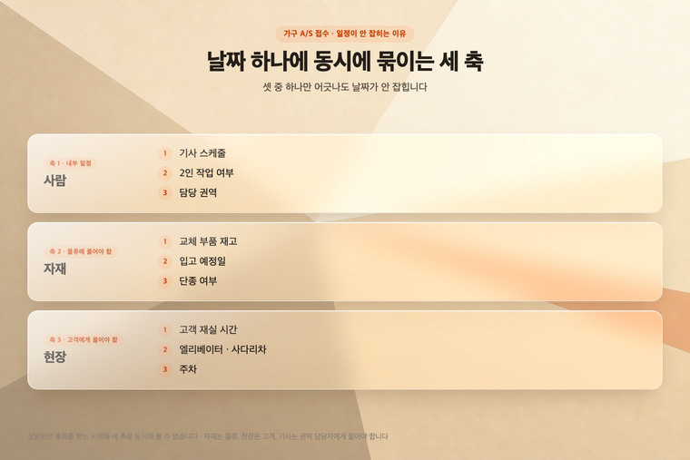가구 A/S 날짜 하나에 동시에 묶이는 사람·자재·현장 세 축