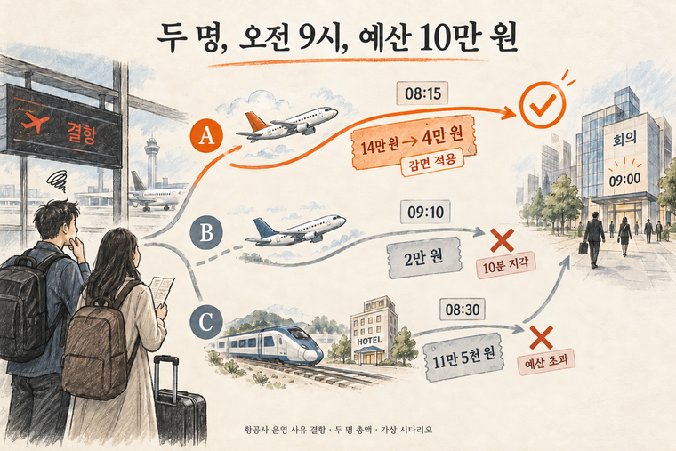 두 명이 오전 9시까지 도착해야 하고 예산은 10만 원이다. A편은 08:15 도착에 감면 후 4만 원으로 정답이다. B편은 09:10 도착으로 늦고 C편은 11만 5천 원으로 예산을 넘는다.