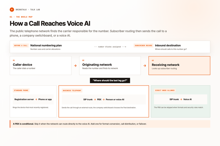 The complete route from a caller through telephone networks to voice AI