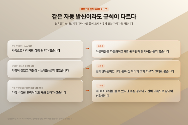 권유인지 안내인지에 따라 갈리는 세 가지 발신 유형 — 리마인더 콜, 사람이 건 상품 권유, 기존 고객 대상 동종 상품 안내