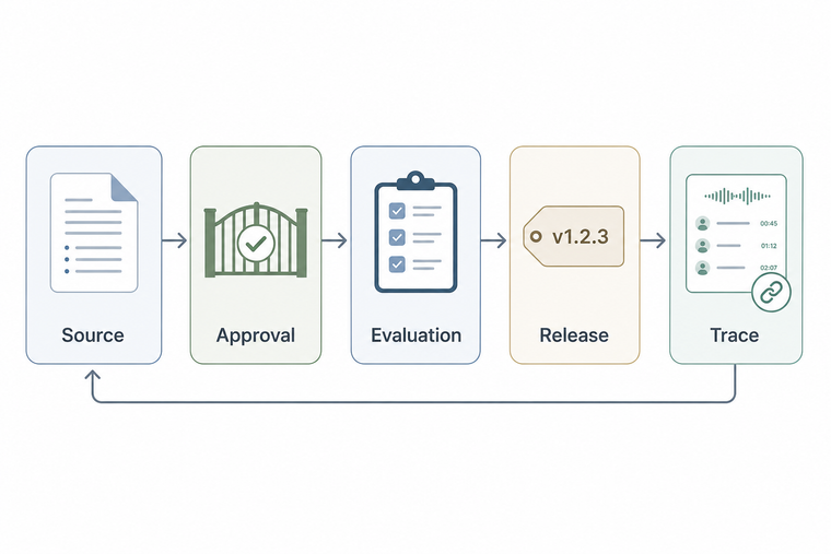 Voice AI knowledge change control loop from source to trace
